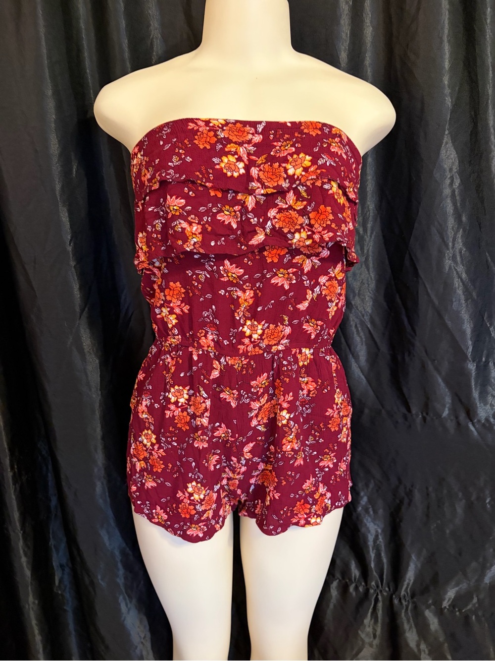 Ambiance Strapless Floral Romper in Burgundy with Orange Accents
